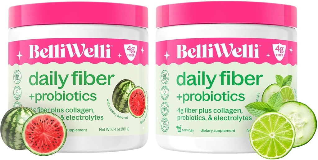 Belli Welli Daily Fiber Supplement Bundle - Cucumber Lime Mint & Watermelon - mit Collagen, Probiotics & Electrolytes - Refreshing Wellness Flavors, 32 Total Servings