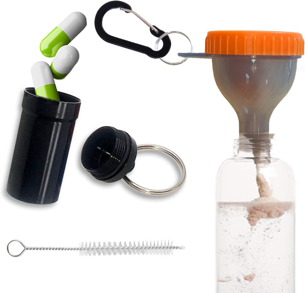 Protein Funnel Set Reise Protein-Pulver-Container mit 1 Karabiner 1 Bürste und 1 Mini Pocket Pill Box verstärkt, um Spills Gym Pre-Workout-Ergänzung Orange Powder Funnels zu verhindern
