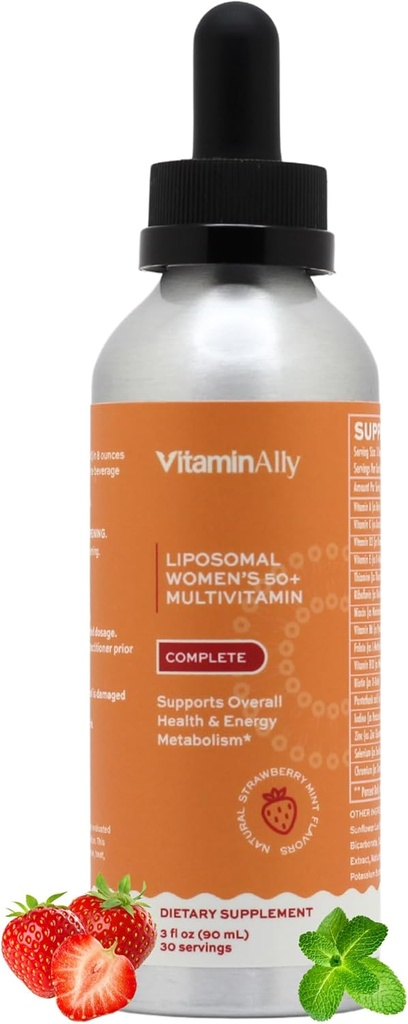 Femmes 50+ Multivitamine liquide liposomique – 16 Vitamines et minéraux essentiels pour l'énergie, les os et le soutien immunitaire – sans sucre, sans OGM, haute absorption – menthe de fraise, 30 portions