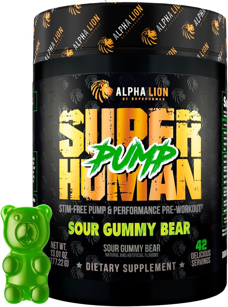 ALPHA LION Superhuman Pump Pre Workout Powder, Nootropic Caffeine & Stim Free Preworkout Supplement, Nitric Oxide Booster, Muscle Gainer, Energy & Focus (42 Servings, Sour Gummy Bear)