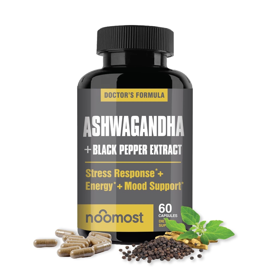 NooMost Organic Ashwagandha 400mg Kapseln w/Black Pepper Extract als Vegan Ashwagandha Ergänzungen für Anti-Stress-Relief, natürliche Mood-Unterstützung, Energie & Fokus-60 Kapseln