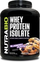 NutraBio 100% Whey Protein Isolate Protein Powder – 25g Protein avec profil complet d'acide amino, non-OGM, sans soja et sans gluten, faible teneur en glucides et faible teneur en calories en poudre de protéines de lactosérum - Muffin de bleuet - 5 Lbs.
