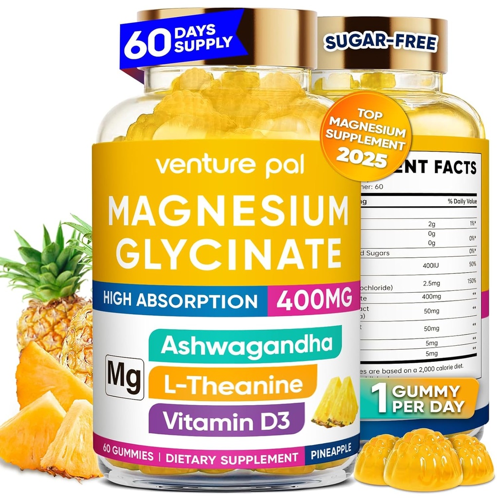 60 Tage Versorgung Magnesium Glycinate 400mg Gummi mit Ashwagandha, L-Theanin, CoQ10, Vitamin D3 & B6, Sugar Free Magnesium Gummi für Erwachsene & Kinder, Stress Relief, Schlaf &amp; ruhig, Vegan, Glutenfrei