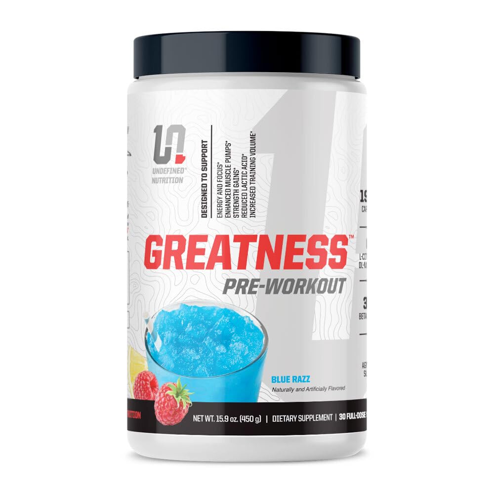 Undefined Nutrition Greatness Pre-Workout by Brian Shaw (30 Servings) – 6 g Citrulline Malate & 3.2 g Beta Alanine for Better Pumps, Energy, Focus and Strength for Men & Women (15.9 Oz, Blue Razz)