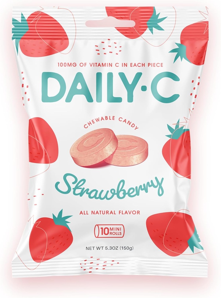 Täglich-C Kaubares Vitamin C Erdbeere Chewable Candy | 100MG Vitamin C in jedem Stück | Brought to You von Iconic Candy (Strawberry, 5.3oz Peg Bag)