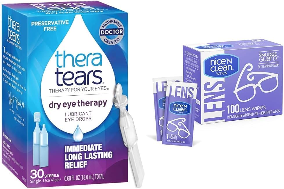 TheraTears Dry Eye Therapy Lubricant Eye Drops, Konservierungsfrei, 30 Vials & Nice 'N Clean SmudgeGuard Linsen Reinigungstücher, 100 Wipes