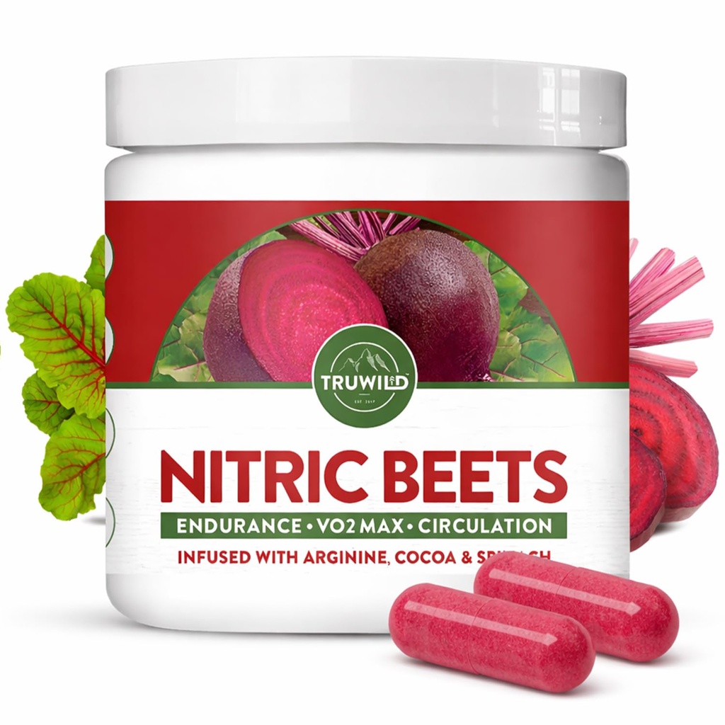 TruWild Toute la poudre de racine de betterave naturelle, Booster à oxyde nitrique, 1000mg, Vegan Superfood Capsule Supplément, Extrait de betterave prend en charge la santé globale, la performance et l'endurance, 30 portions