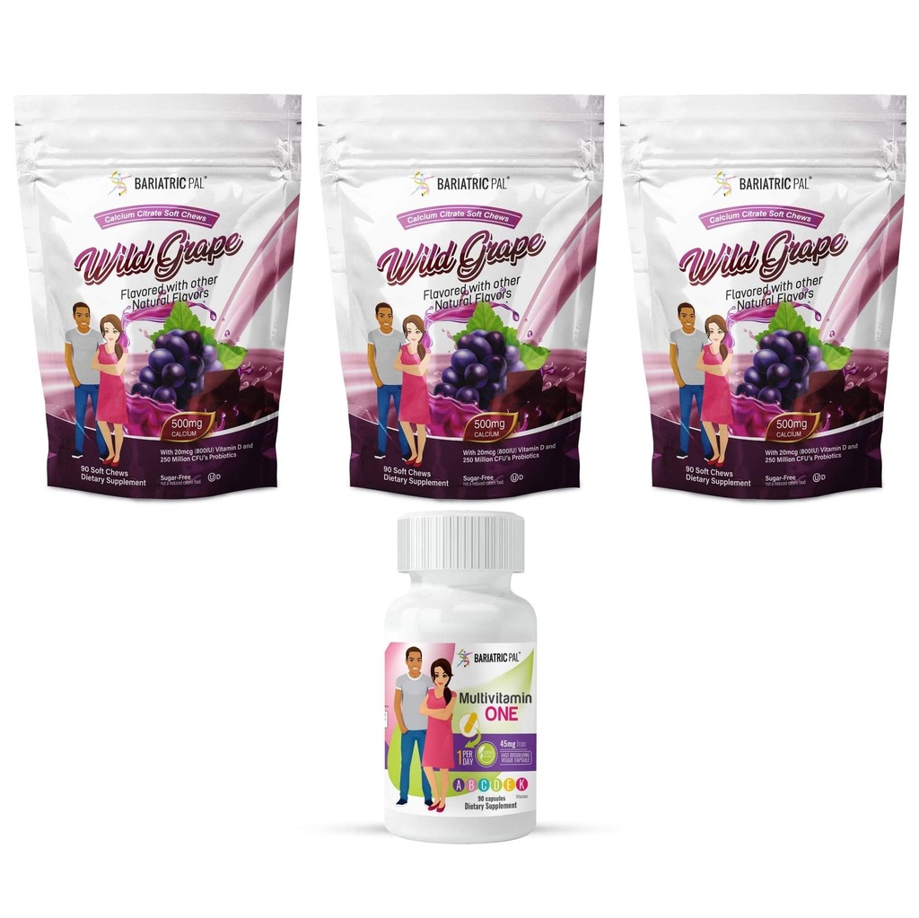 BariatricPal 90-Day Bariatric Vitamin Bundle (Multivitamin ONE 1 per Day! Capsule with 45mg Iron and Calcium Citrate Soft Chews 500mg with Probiotics - Wild Grape)