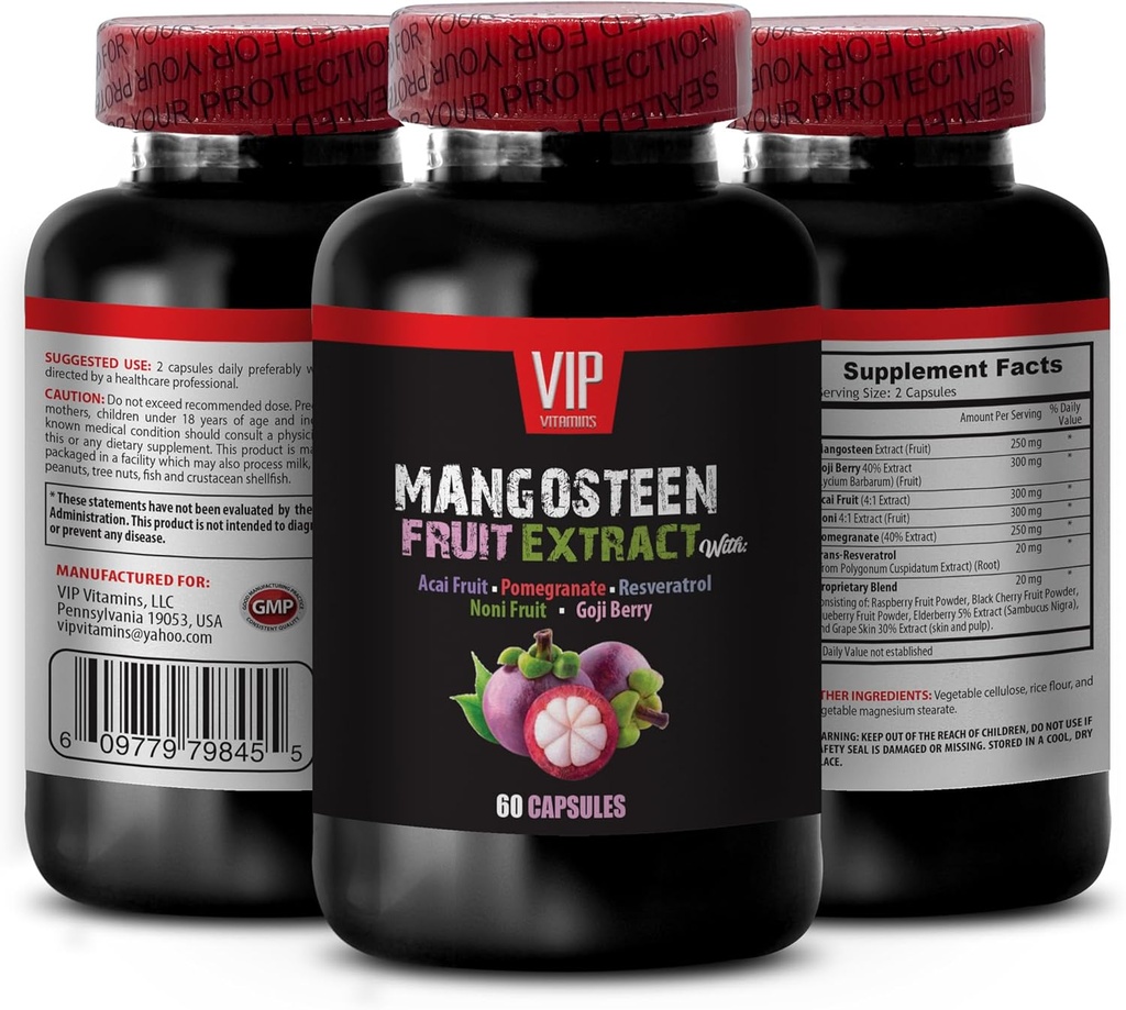 Gehirn- und Gedächtnisleistungssteigerung - MANGOSTEEN FRUIT EXTRACT MIT ACAI FRUIT, POMEGRANATE, RESVERATROL, NONI FRUIT, GOJI BERRY, Mangosteen Ergänzungen, Antioxidantien Ergänzungen für Frauen, 1 Flasche 60 Kapseln