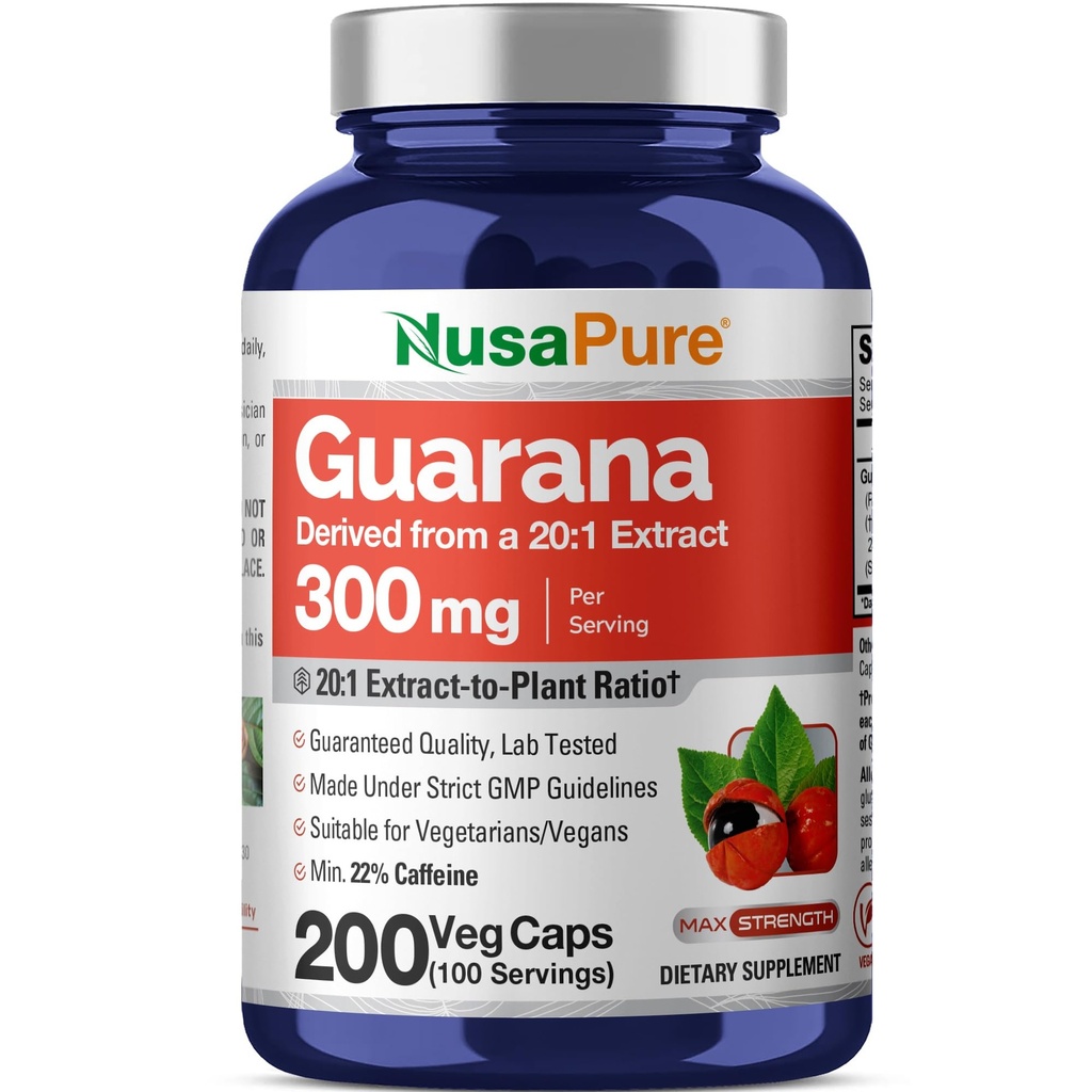 NusaPure Guarana Extrakt 20:1 Extrakt, 300 mg entspricht 6.000 mg pro Veggie Caps 200 Count (Non-GMO, Vegan)