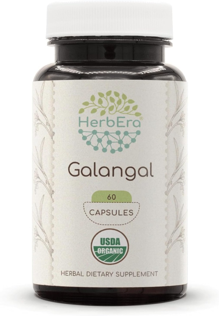 HerbEra Galangal USDA Organic 60 Kapseln | Natürliche Kräuterergänzung | Certified Organic Vegetarian Capsules and Organic Galangal (Alpinia Galangal) Getrocknete Wurzel (60 Kapseln)