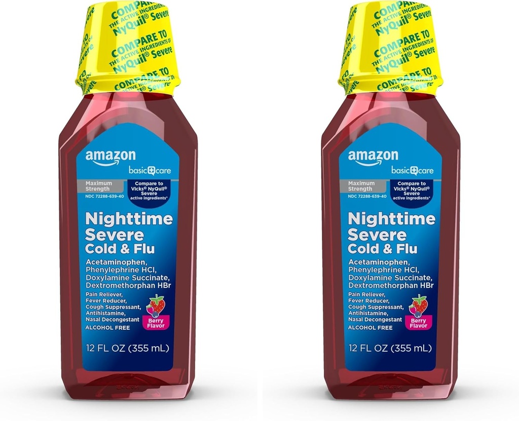 Basic Care Nighttime Severe Cold and Flu Syrup, Max Strength Liquid Medicine, Multi-Symptom Relief, für Erwachsene und Kinder 12 Jahre und älter, Mixed Berry Flavor, 12 fl oz (Pack von 2)