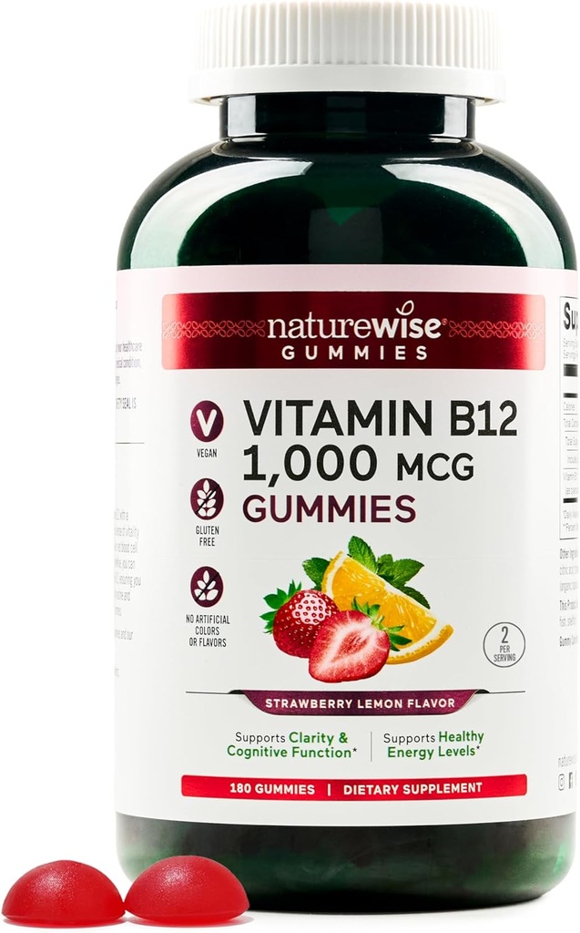 NatureWise Vitamin B12 Gummis für Erwachsene, 1000 mcg - Erdbeer-Lemon-Flaschen - Unterstützt tägliche Energie, Psychische Klarheit, kognitive Funktion - Vegan, Glutenfrei, Non-GMO - 180 Count[3-Monat-Versorgung]