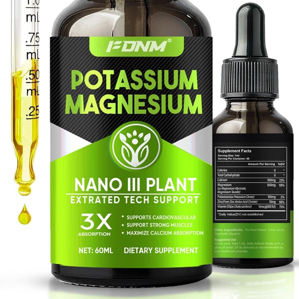 Kalium Magnesium Tropfen – 500 mg Magnesium Kaliumergänzung, High-Absorption Ergänzung für Leg Cramps, Knochen & Immun Unterstützung mit Calcium, Vitamin D3 & Zink
