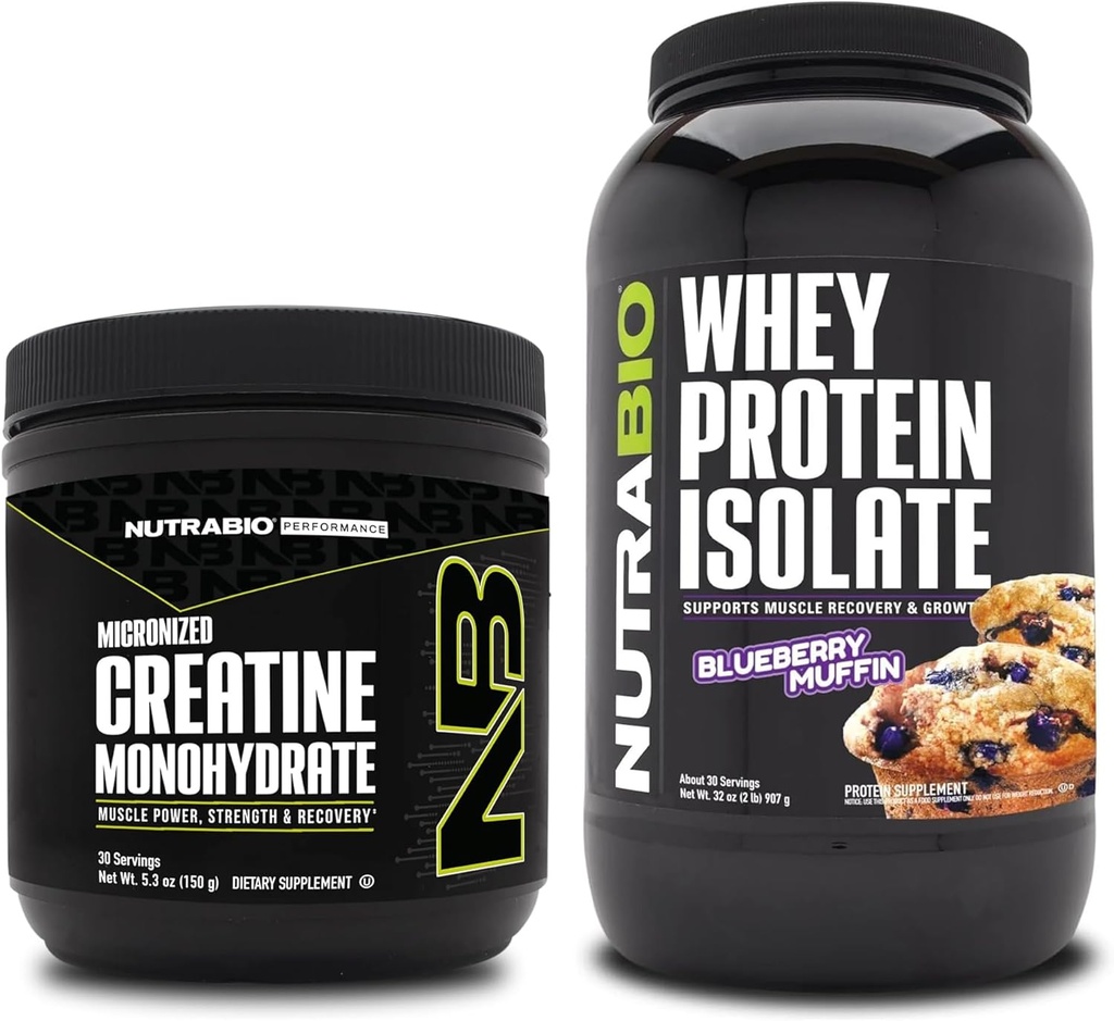 NutraBio Creatine Monohydrat, Unflavored, 150g und Whey Protein Isolate, Blueberry Muffin, Supplement Bundle - Muskelenergie, Lean Muskelwachstum, Erholung und Stärke