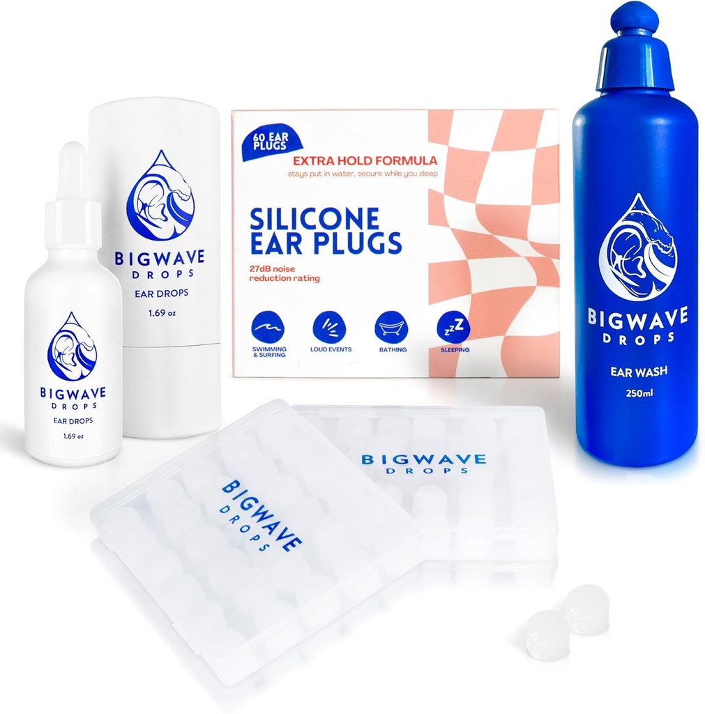 Bundle de soins de l'oreille - Comprend les gouttes d'oreille, le lavage de l'oreille et les bouchons d'oreille en silicone - pour les plongeurs, athlètes, plongeurs, voyageurs - Produits de soins de l'oreille pour hommes, femmes, enfants et adultes - Meilleur cadeau de swimmer