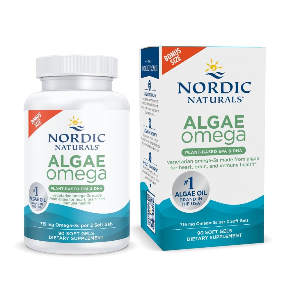 Nordic Naturals Algae Omega - 90 Soft Gels - 715 mg Omega-3 - Certified Vegan Algae Oil - Plant-Based EPA & DHA - Herz, Auge, Immun- & Gehirn Gesundheit - Non-GMO - 45 Servieren