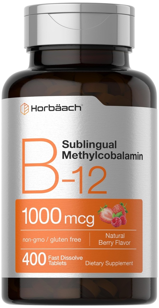 Horbaach Vitamin B12 1000 mcg Sublingual | 400 Fast Dissolve Tabletten | Methylcobalamin Ergänzung für Frauen und Männer | Berry Flavor | Vegan, Non-GMO, und Gluten kostenlos