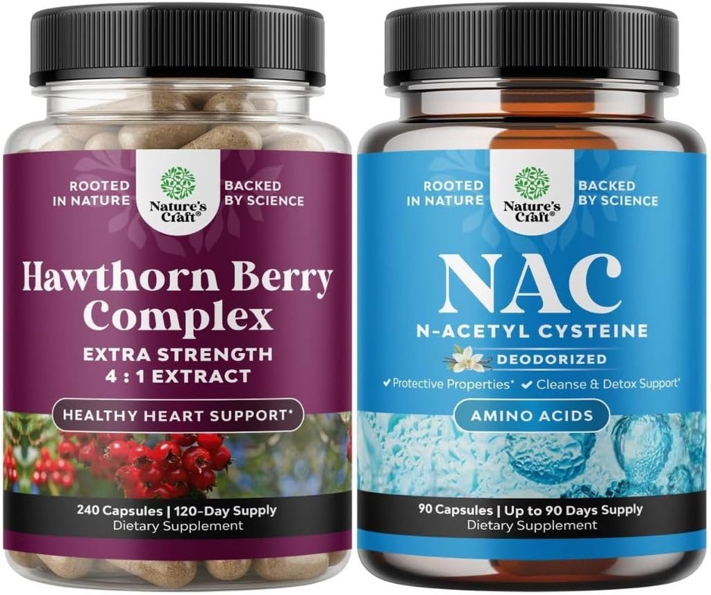 Bundle of High Strength Hawthorn Berry Capsules with Leaf & Flower Extract 4:1 for Healthy Heart & Digestion and NAC Supplement N-Acetyl Cysteine 600mg - Glutathione Precursor for Liver Cleanse Detox