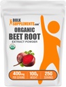 BulkSupplements.com poudre d'extrait de racine de betterave biologique - poudre de racine de betterave, supplément d'oxyde nitrique - végétalien et sans gluten, 400mg par portion, 100g (3.5 oz) (paquet de 1)