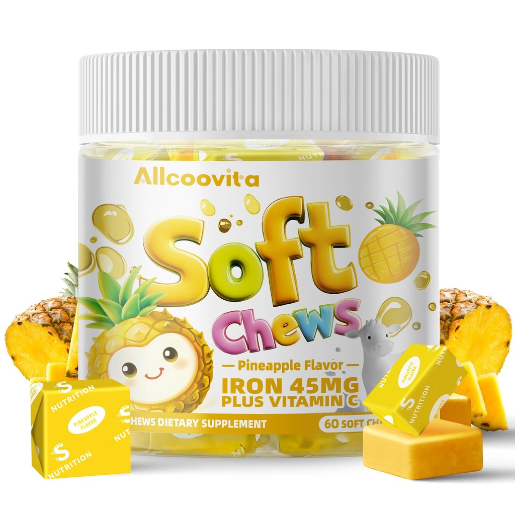 Eisen weiche Kauen Ergänzung mit Vitamin C | Ananas Flavored | Gluten Kostenlose | Eisen Ergänzung für Frauen Männer und Kinder | 60 Graf | 2 Monat Versorgung