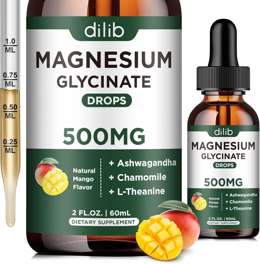 Magnesium Glycinat Ergänzung, Magnesium Flüssigkeitstropfen mit Magnesium Glycinat 500mg Ashwagandha, L - Theanin, Kamille -Unterstützung Stress Relief, Knochen, Muskel, Mood Vegan natürliche Mango Flavor