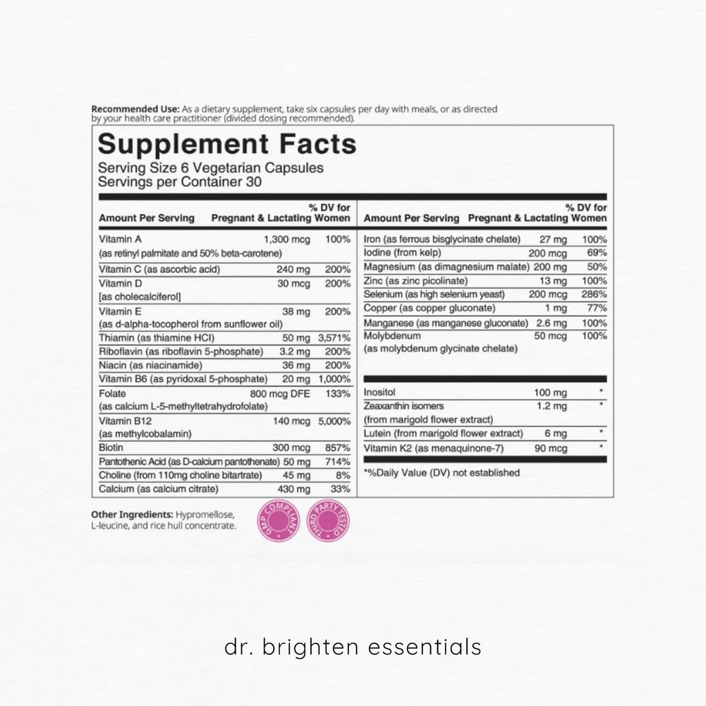Le Dr Brighten Prenatal Plus et le groupe de soutien probiotique pour la grossesse chez les femmes - Vitamines, minéraux, probiotiques, prébiotiques et antioxydants pour les mères enceintes ou allaitantes, végétaliens non OGM, sans gluten