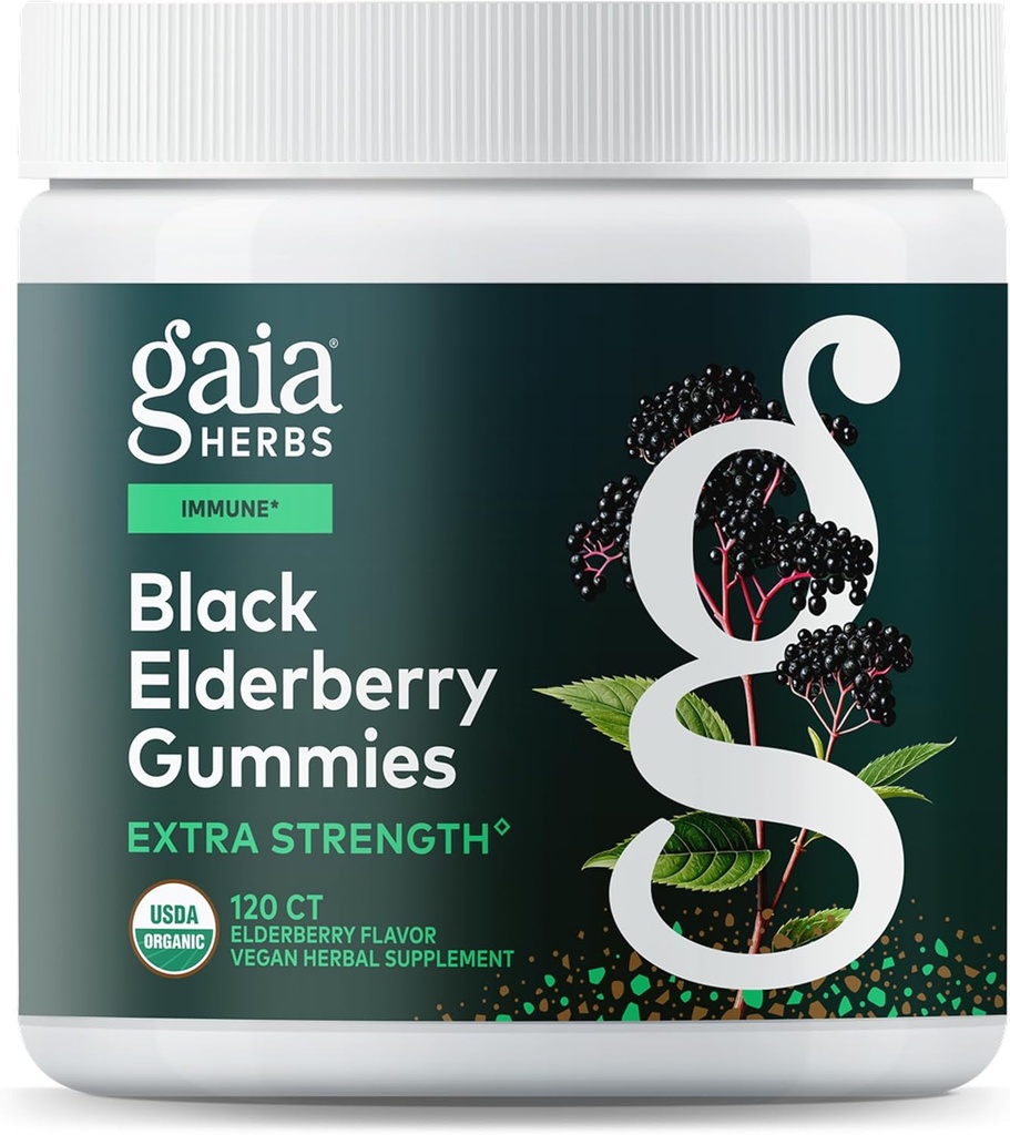 Gaia Herbs Black Elderberry (Sambucus nigra) Extra Strength Gummis - Delicious Immun Support Supplement* - Made with Certified Organic Black Elderberries for Immune System Support* - 120 Gummies