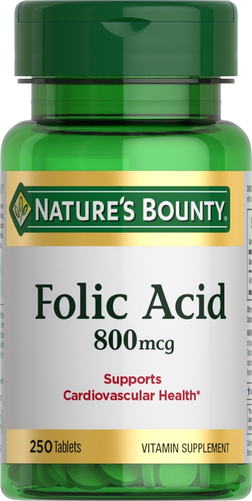 Nature's Bounty Folic Acid Supplement, Unterstützt Herz-Kreislauf-Gesundheit, 800mcg, 250 Tabletten
