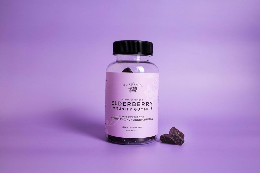 Die Elderberry Co. Extra Strength Elderberry Gummies + Aronia Beeren mit Vitaminen C, D,E und Zink für All-Natur-Immununterstützung, keine künstlichen Inhaltsstoffe (60 Count)