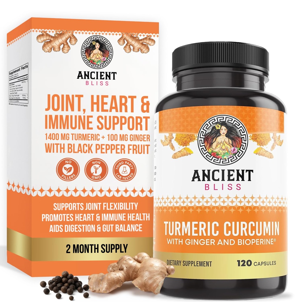Kurkuma Curcumin mit Ginger & Bioperine, Kurkuma Curcumin mit schwarzem Pfeffer & Raw Ginger Root Powder Capsule Supplement von Ancient Bliss (120 Kapseln)
