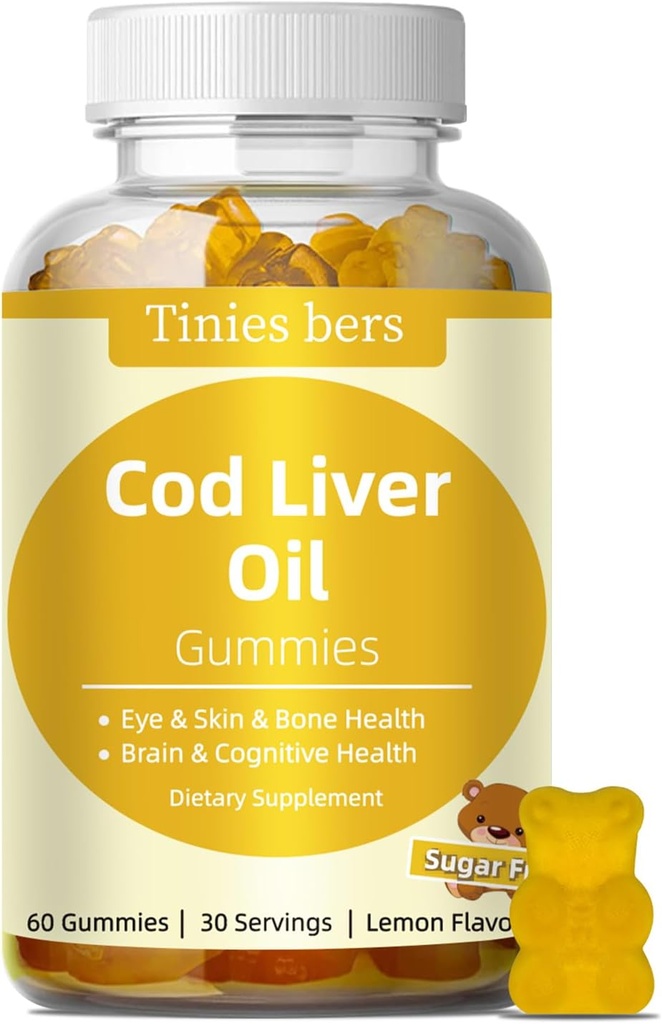 Cod Liver Oil Gummis 1000mg, Sugar Free für Erwachsene & Kinder, Omega-3s & Vitamin A&D für Gehirn, kognitiv, Herz & Auge, Knochengesundheit, Glutenfrei, Non GMO, Pectin, 60