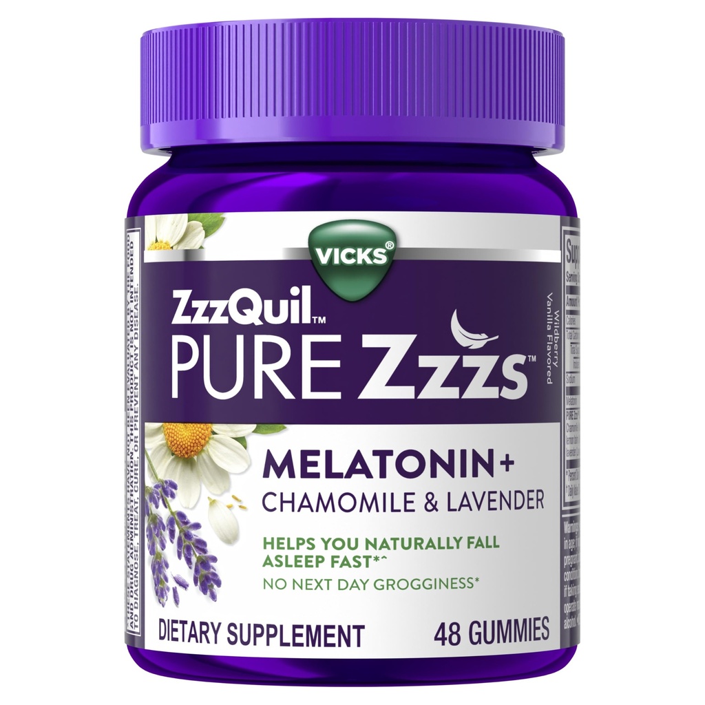ZzzQuil Pure Zzz Melatonin Gummies, Aide au sommeil, Melatonin 2mg, avec Camomille et lavande, Melatonin Gummies de sommeil, Aide au sommeil pour les adultes, Vanille sauvage aromatisée, 48 Gummies de sommeil