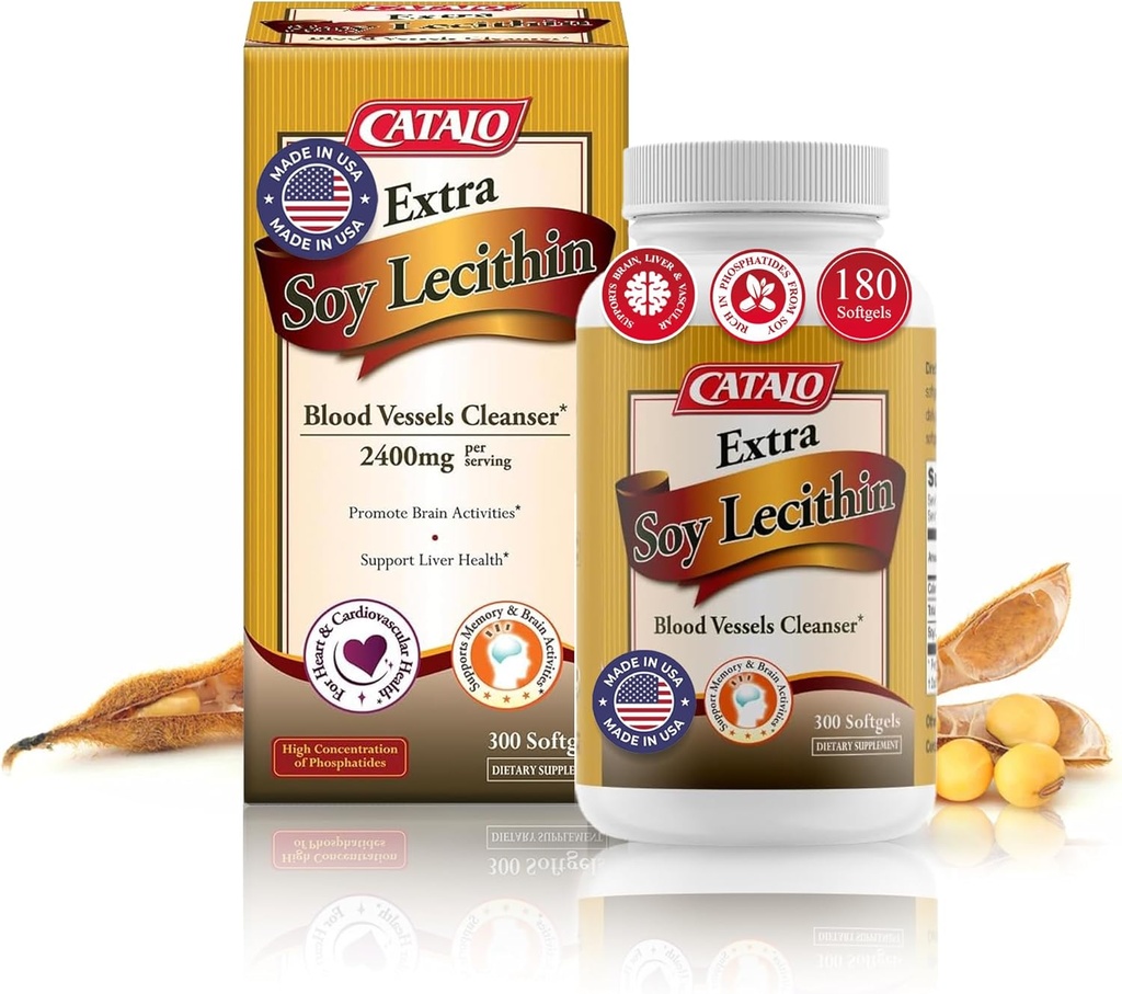 CATALO Extra Soy Lecithin Capsules – Blutgefäß-Gesundheit, Gehirnfunktion und Leber-Wellness – Soy Lecithin Supplement für Erwachsene, 300 Softgels