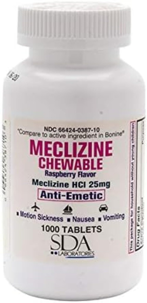 SDA LABORATORIES Meclizine Kautabletten, 25mg, Anti-Emetic, Raspberry Flavor, Motion Sickness & Vertigo Relief für Übelkeit, Dizziness und Vomiting, 1000 Count (1 Pack)