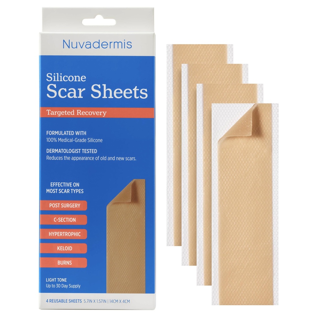 NUVADERMIS Silicone Scar Sheets - Extra Long Scar Sheets für C-Section, Tummy Tuck, Keloid und Chirurgische Narben - Wiederverwendbare medizinische Grade Silikon Narbenblätter - Pack von 4 - Light Tone
