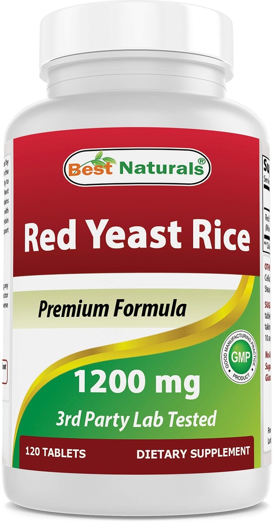 Meilleurs produits naturels Riz de levure rouge 1200 mg (non-OGM) 120 comprimés - non irradiés, sans citrine