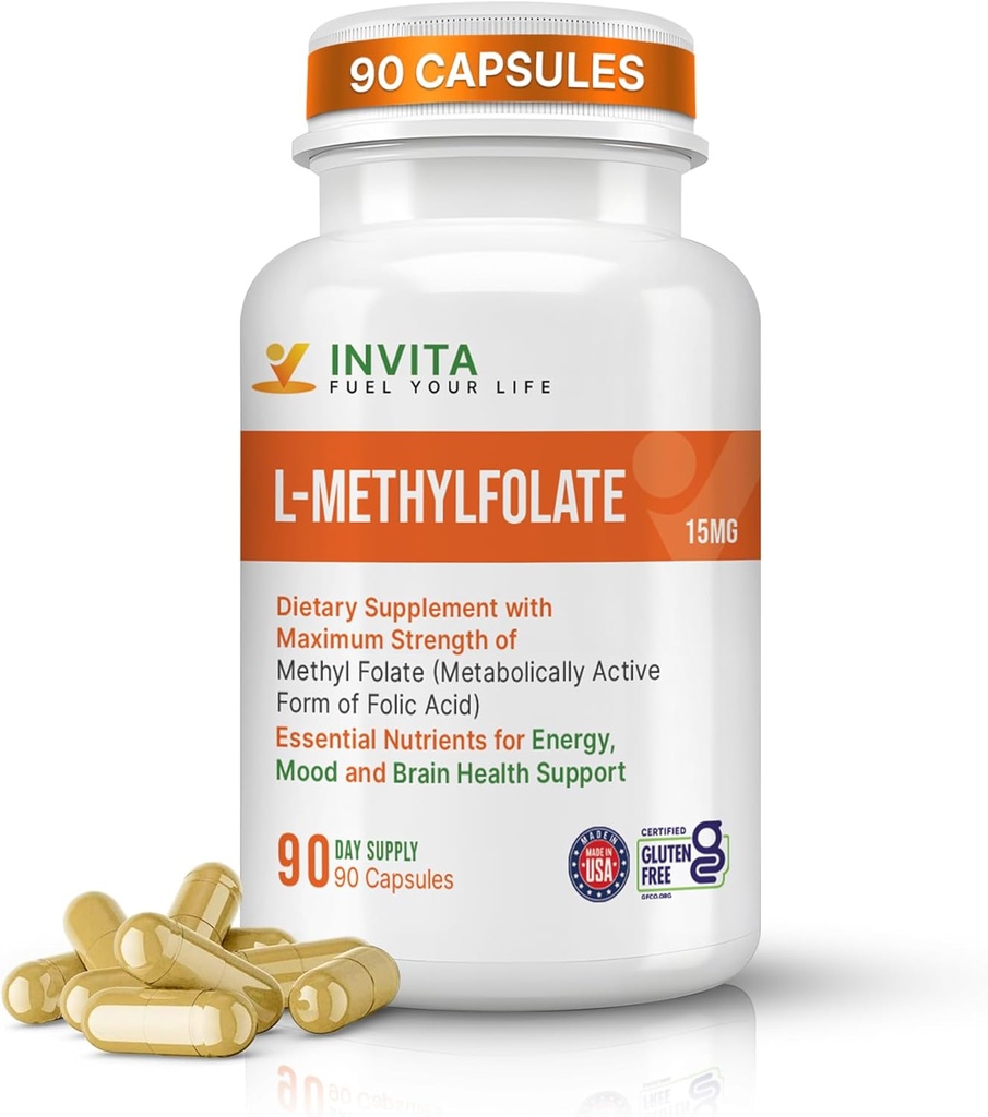 INVITA L-Methylfolat (15mg) - Professional Strength Active Methyl Folate - 5-MTHF-Ergänzung für Energie, Mood & Immununterstützung - Non GMO, Glutenfrei, keine Füllstoffe (15 mg)