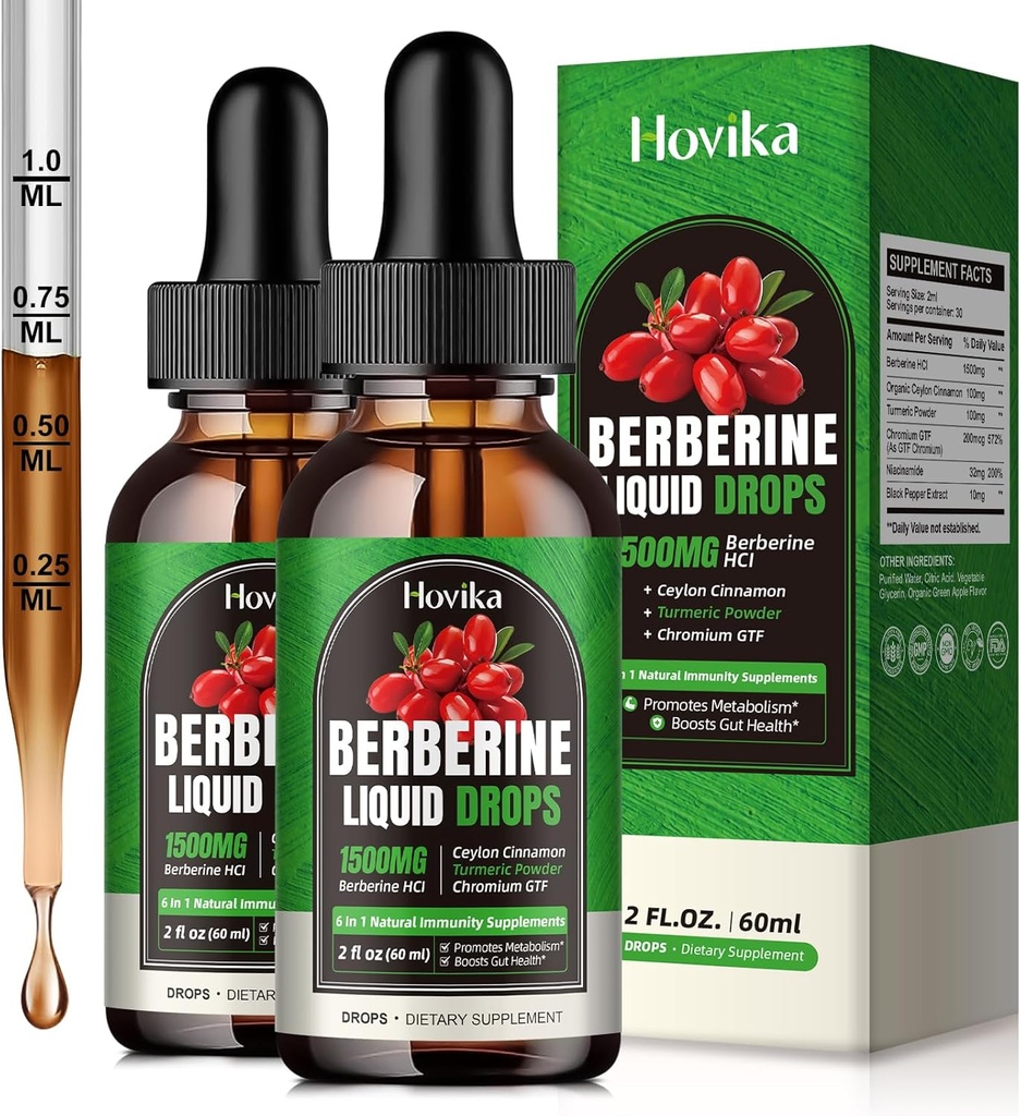(2 pack) Berberine HCL gouttes liquides - 1500 mg Berberine supplément avec Ceylan Cinnamon, Chrome, Turmeric, Niacinamide - soutient le métabolisme et le système immunitaire, Gut Health Vegan