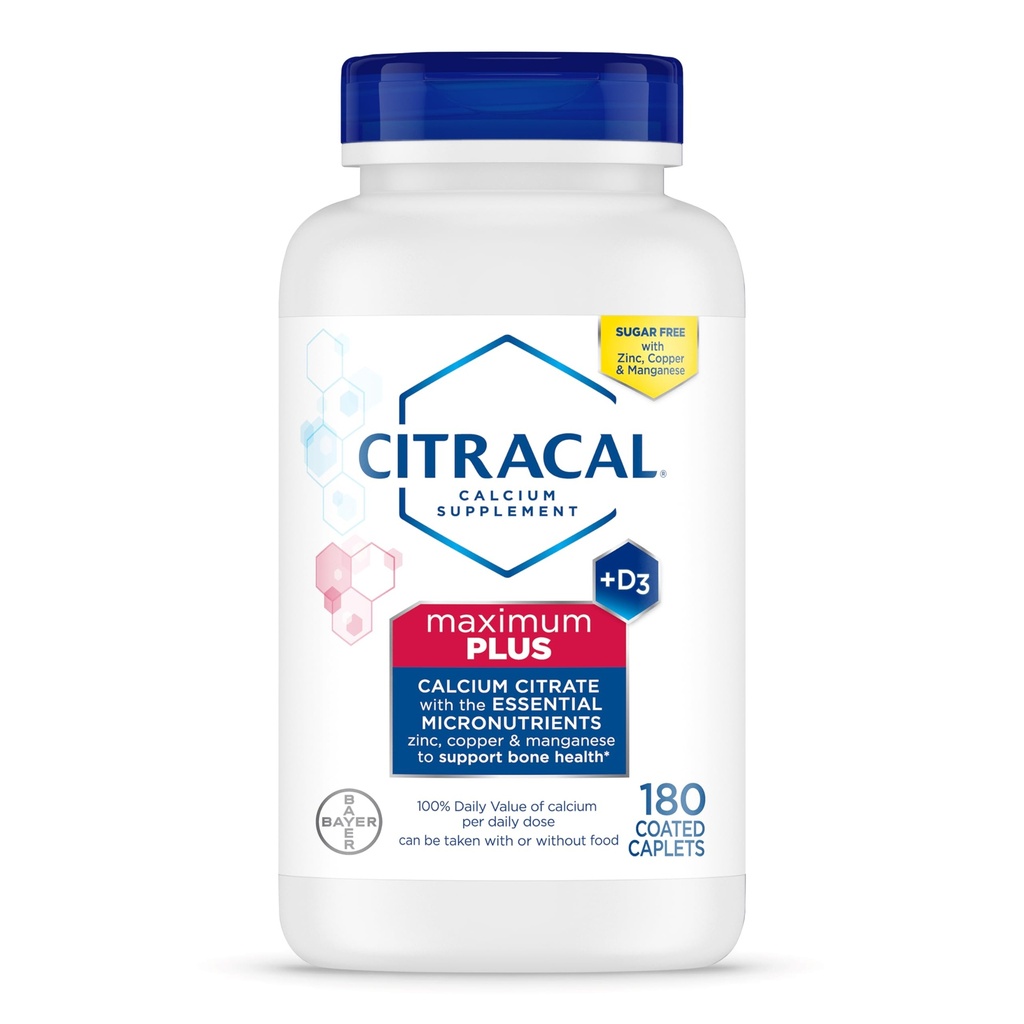 Supplément Citracal Maximum Plus Calcium - Citrate de calcium avec vitamine D3, zinc et minéraux essentiels pour le soutien de la santé des os, 12 ans et plus, 180 ans