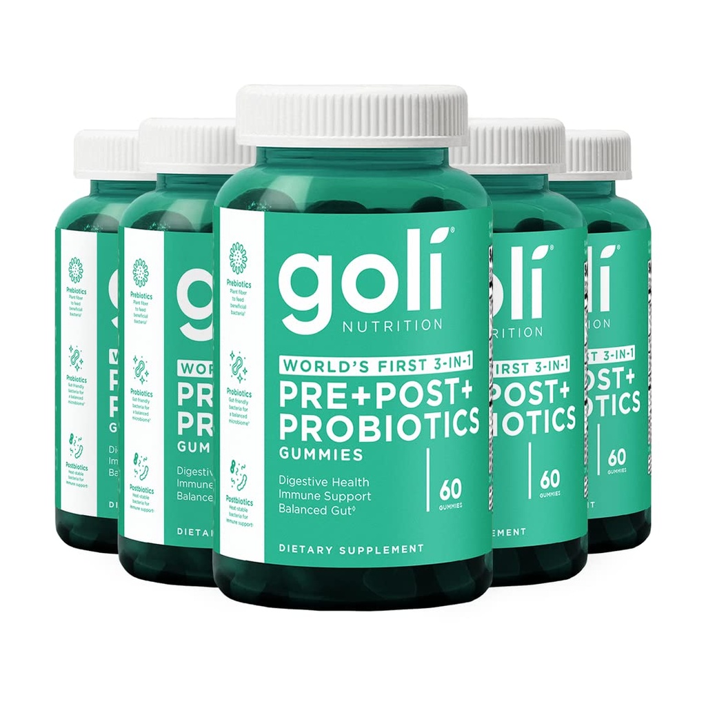 Goli complément nutritionnel, pré+post+probiotiques Gummy - 300 comte - le premier 3-en-1 sans gluten, végétalien, non-OGM et sans gélatine du monde.