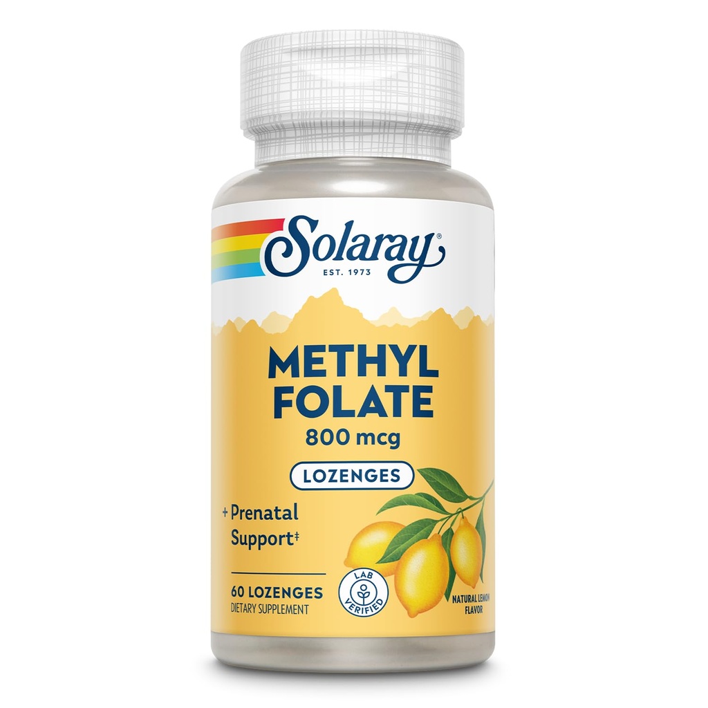 SOLARAY Methyl Folat 800 mcg - 470 mcg Folsäure - 5-MTHF Pränatale Vitamine - Natürliche Zitronen Geschmack - Natürliche Süßungsmittel - Lab Verified - 60-Day Garantie - 60 Servietten, 60 Lozenges