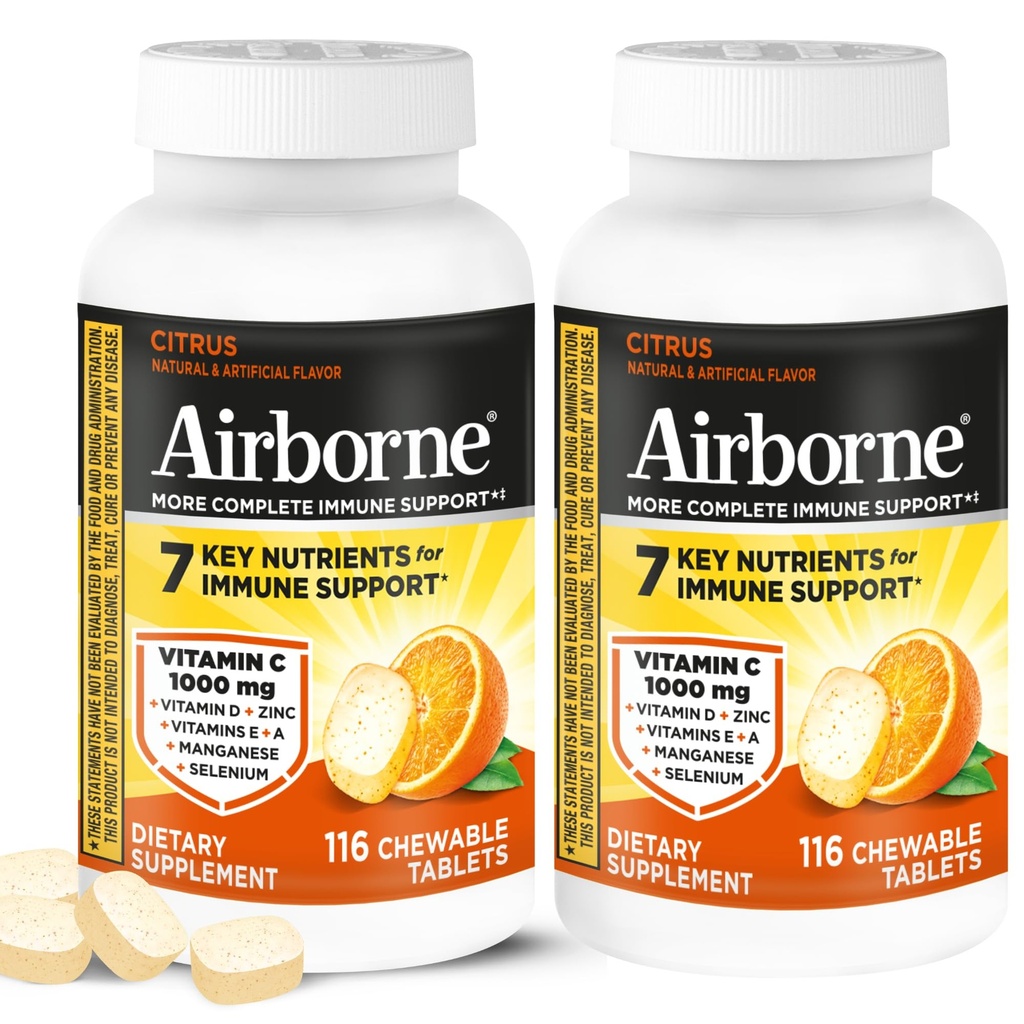 Airborne 1000mg Vitamin C + Zink Immununterstützung Ergänzung Kautabletten, Citrus Flavor mit leistungsstarken Antioxidantien Vitamine A C & E, 116 Kautabletten (2 Packung)