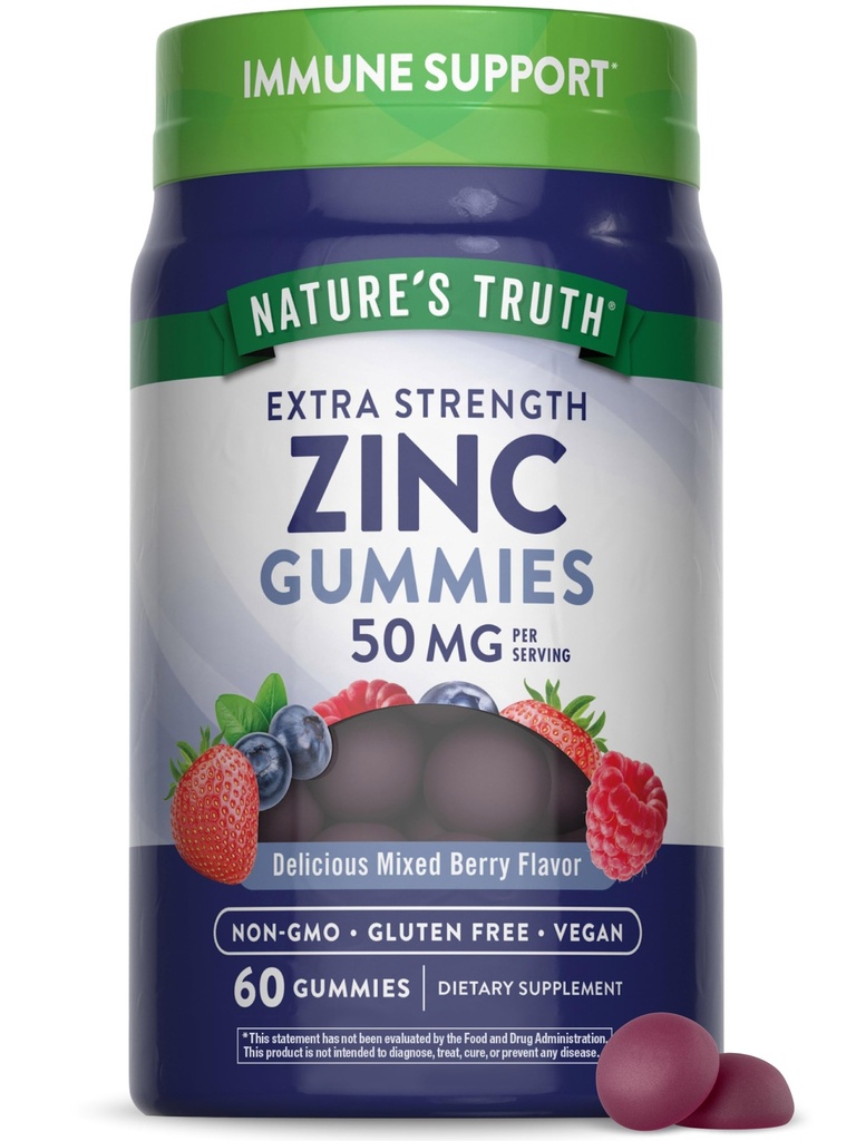 Nature's Truth Zinc Gummies for Adults: 50 mg=60 Count=60 Vegan, sans OGM et sans gluten Supplément de force supplémentaire