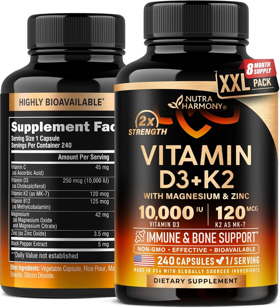 Vitamin D3 K2 - Vitamin D3 10000 iu & K2 als MK-7 120 mcg - Immun- & Mood-Unterstützung, für Knochen & Zähne Gesundheit - mit Magnesium, Zink & Vitamin C & B12 - Hochverfügbar - Made in USA, 240 Kapseln