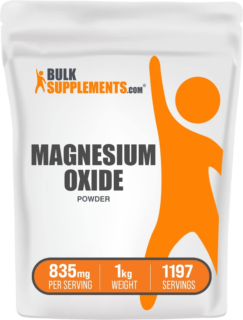 BulkSupplements.com Poudre d'oxyde de magnésium - Supplément d'oxyde de magnésium, Supplément minéral - Sans gluten et grade alimentaire, 835mg par portion, 1kg (2,2 lbs) (paquet de 1)