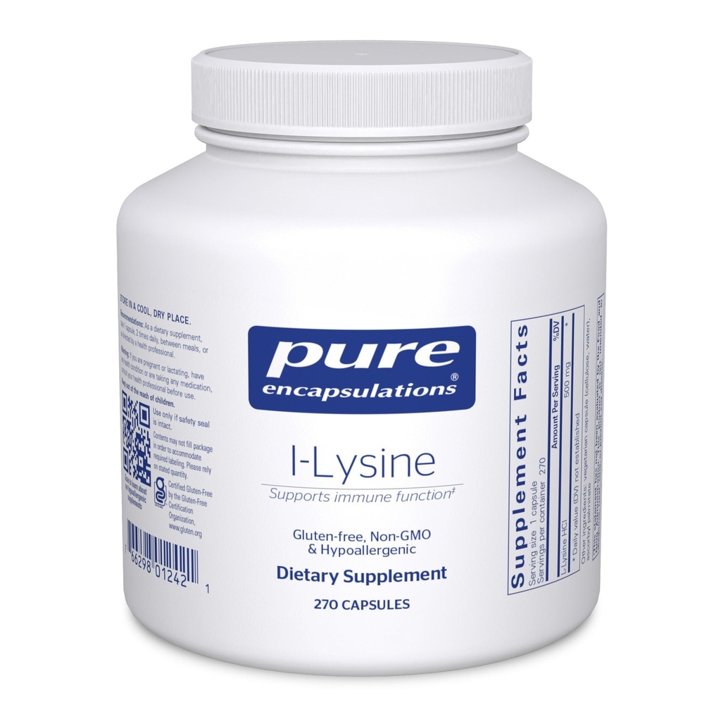 Encapsulations pures L-Lysine - Supplément à l'acide amino essentiel pour le soutien immunitaire et la santé des lèvres* - avec HCl L-Lysine - 270 capsules