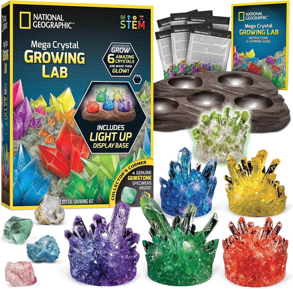 National Geographic Mega Crystal Growing Kit - Wachsen Sie 6 Kristalle mit Light-Up Stand, Wissenschaft Geschenke für Kinder 8-12