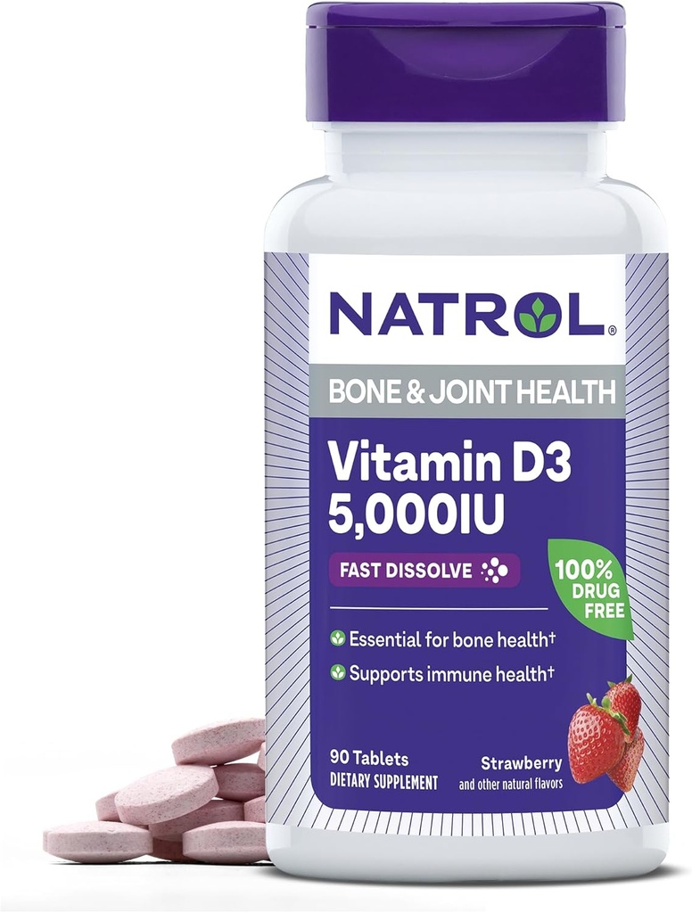 Natrol Fast Dissolve Vitamin D3 5.000 IU, Nahrungsergänzungsmittel für Knochen und Gelenkgesundheit, Knochenunterstützungsergänzung, 90 Tabletten, 90 Tage Versorgung