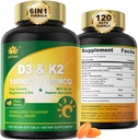 Vitamin D3 10000 IU Plus K2 (MK-7) 100mcg, Vegan Vitamin D3 K2 mit Kurkuma, Magnesium & Zink für Kalziumabsorption, Knochen & Immungesundheit, Kokosöl für hohe Absorption, leicht zu schlucken, 120 Cts